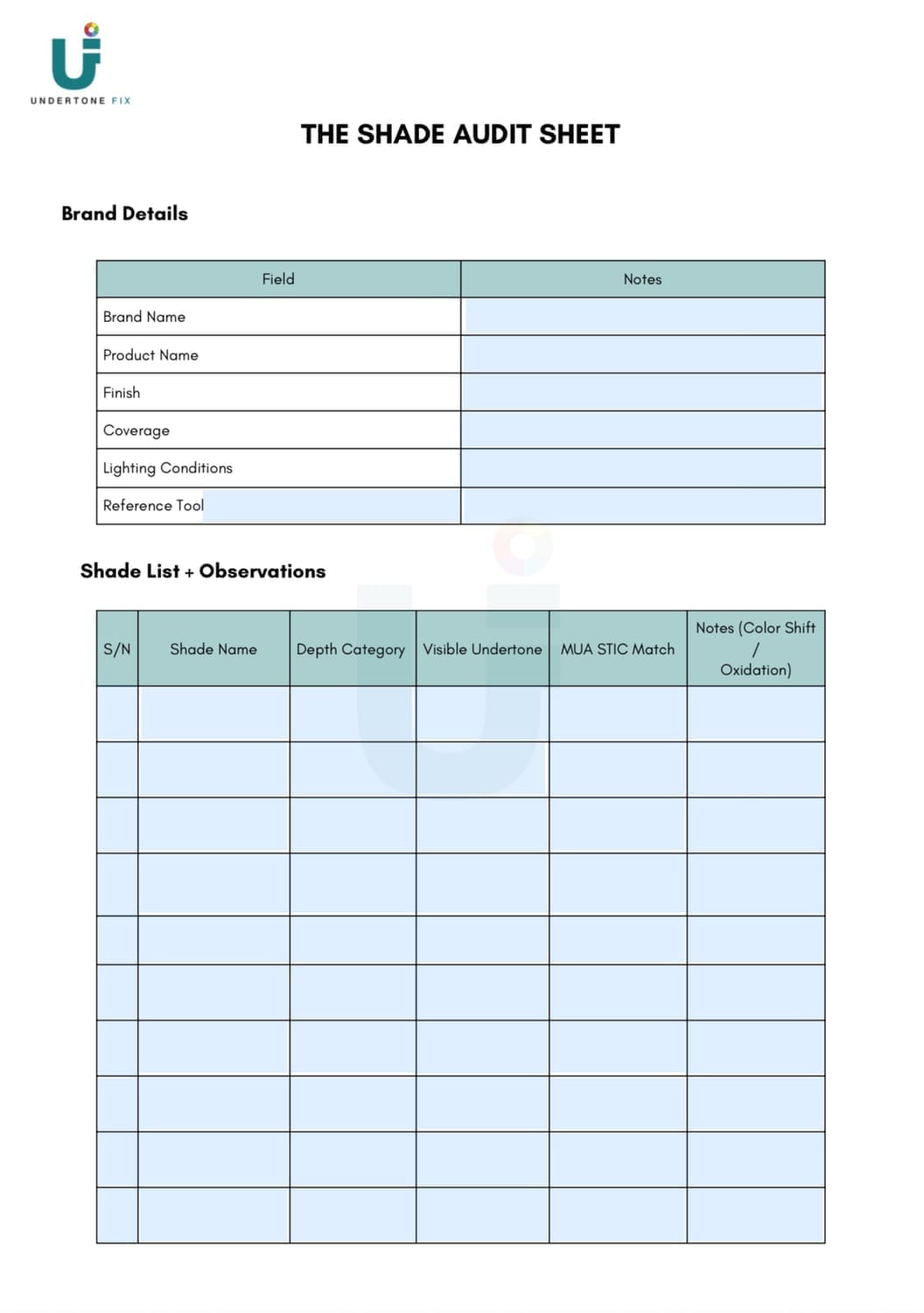 undertone fix shade audit sheet