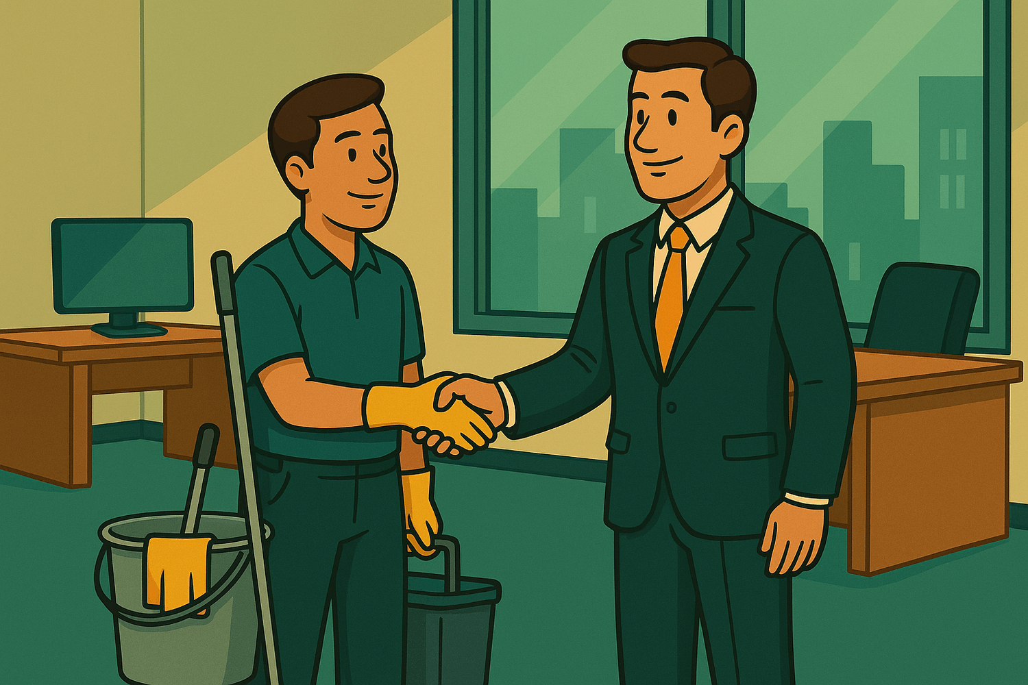 Handshake zwischen Gebäudereiniger und neuem Gewerbekunden