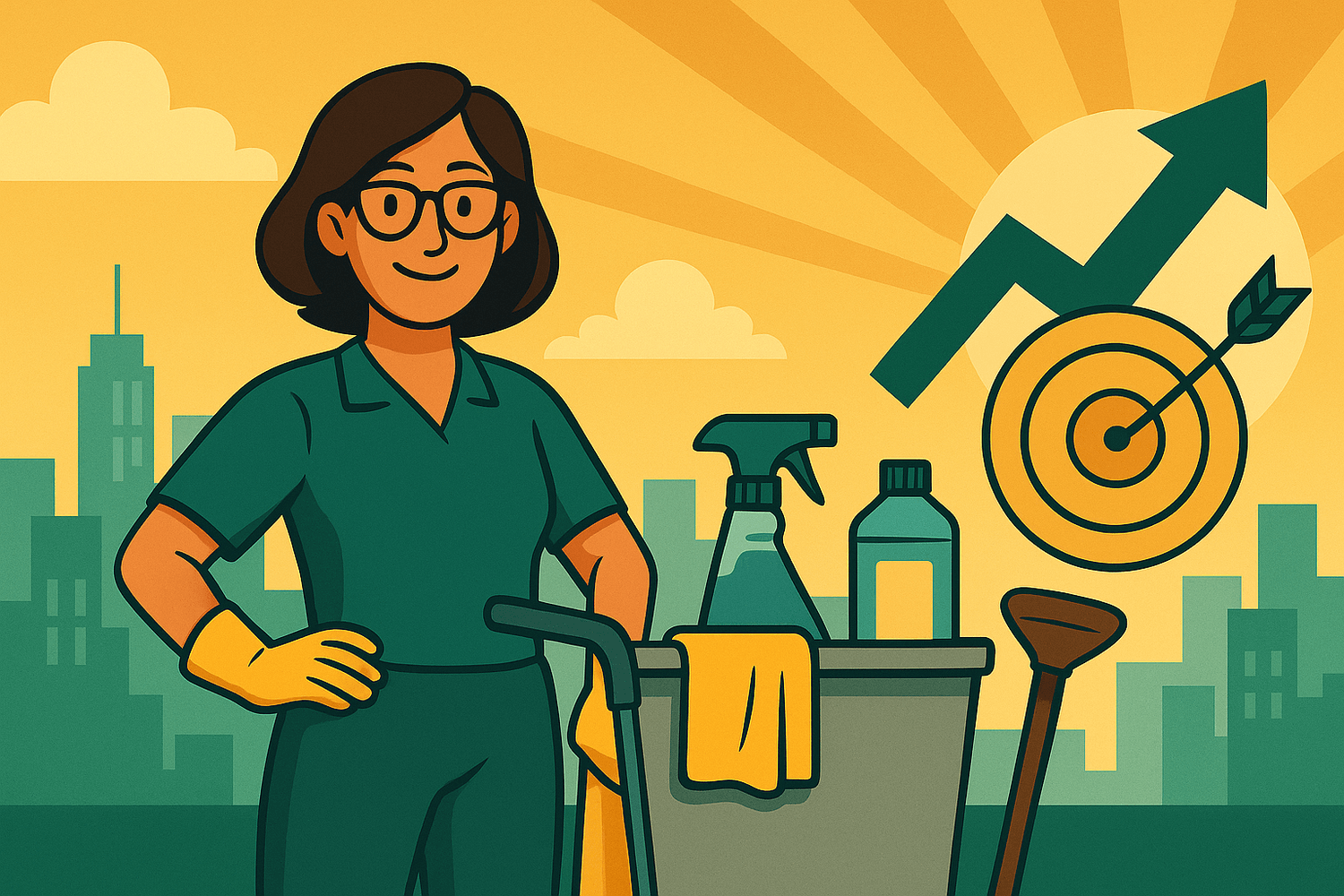 GebäudereiniComic-Illustration einer professionellen Reinigungskraft mit Equipment und Wachstumssymbolen in einer modernen Stadtkulisse