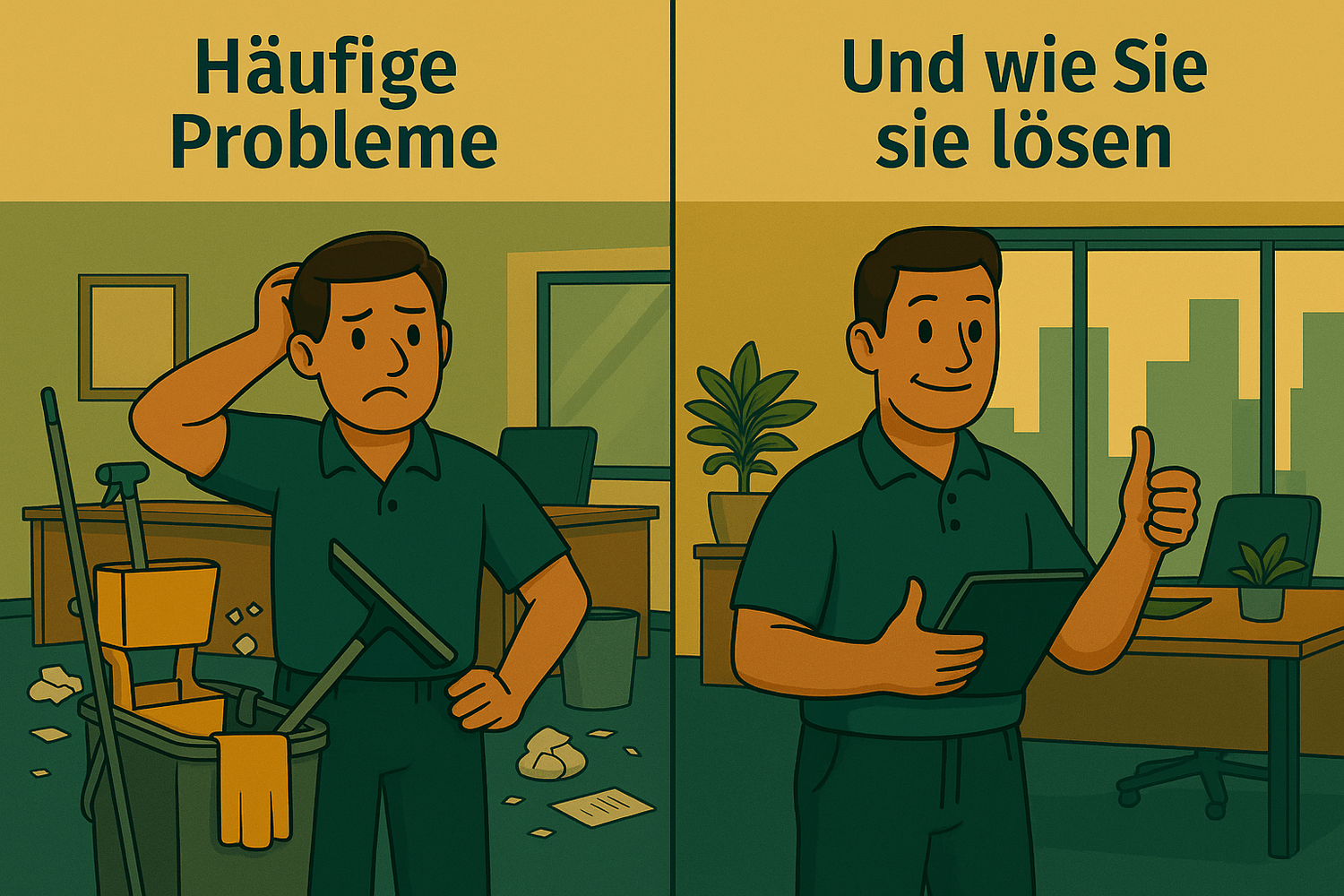 Zweiteilige Comic-Illustration: links typische Probleme im Reinigungsalltag, rechts strukturierte Lösung mit entspanntem Mitarbeiter