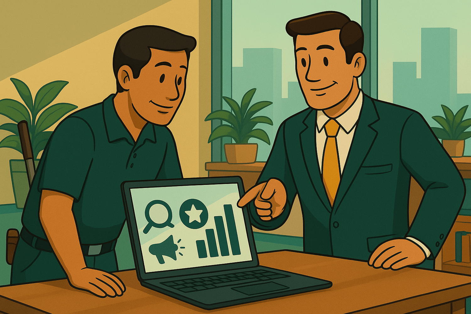 Comic-Illustration: Reinigungskraft und Unternehmer arbeiten gemeinsam an Werbung auf einem Laptop