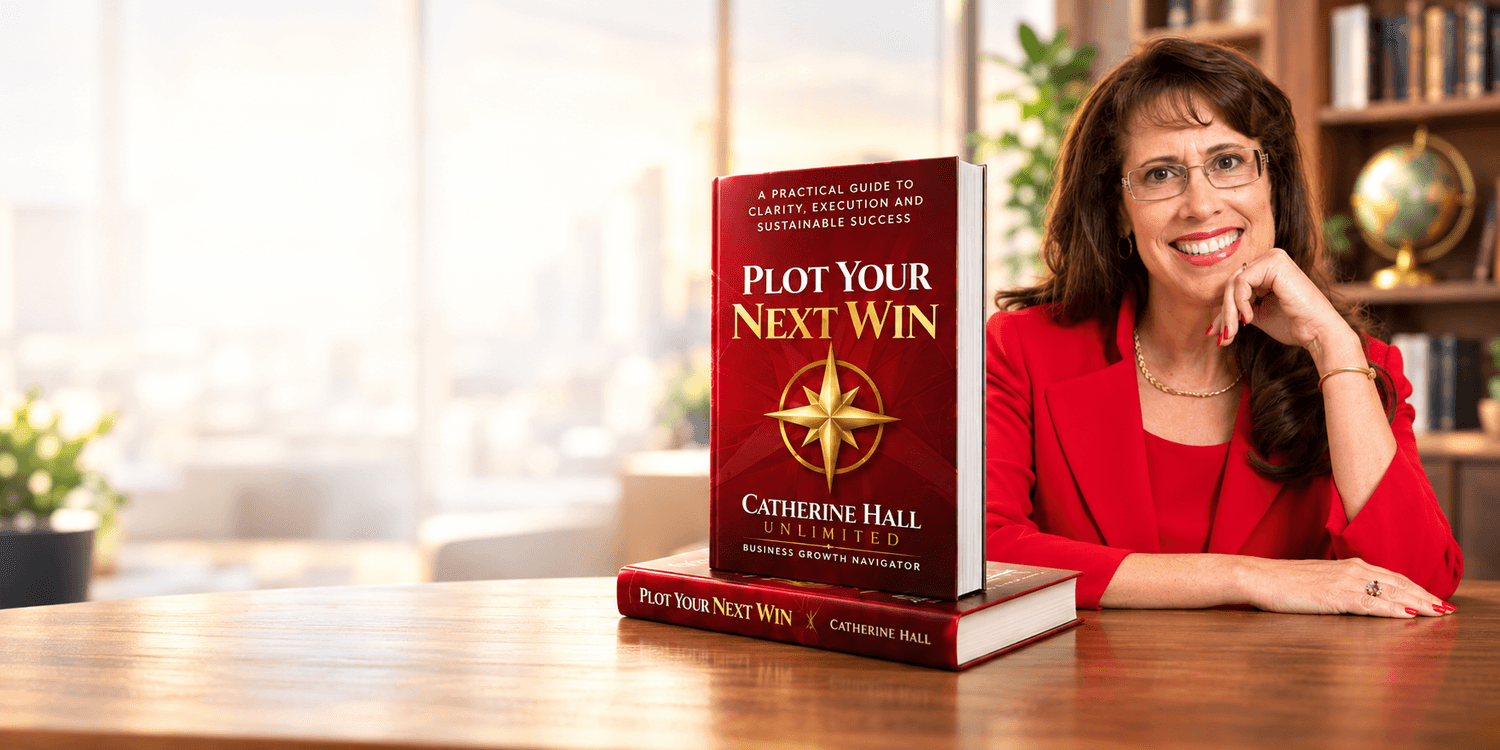 Catherine Hall in a red blazer beside copies of Plot Your Next Win.