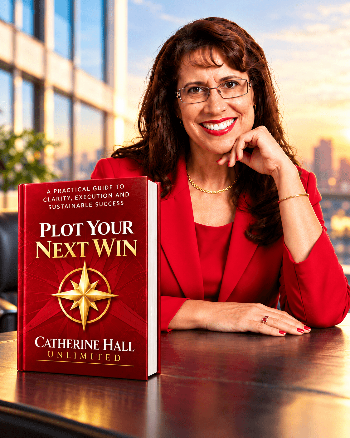 Catherine Hall beside the red Plot Your Next Win book.