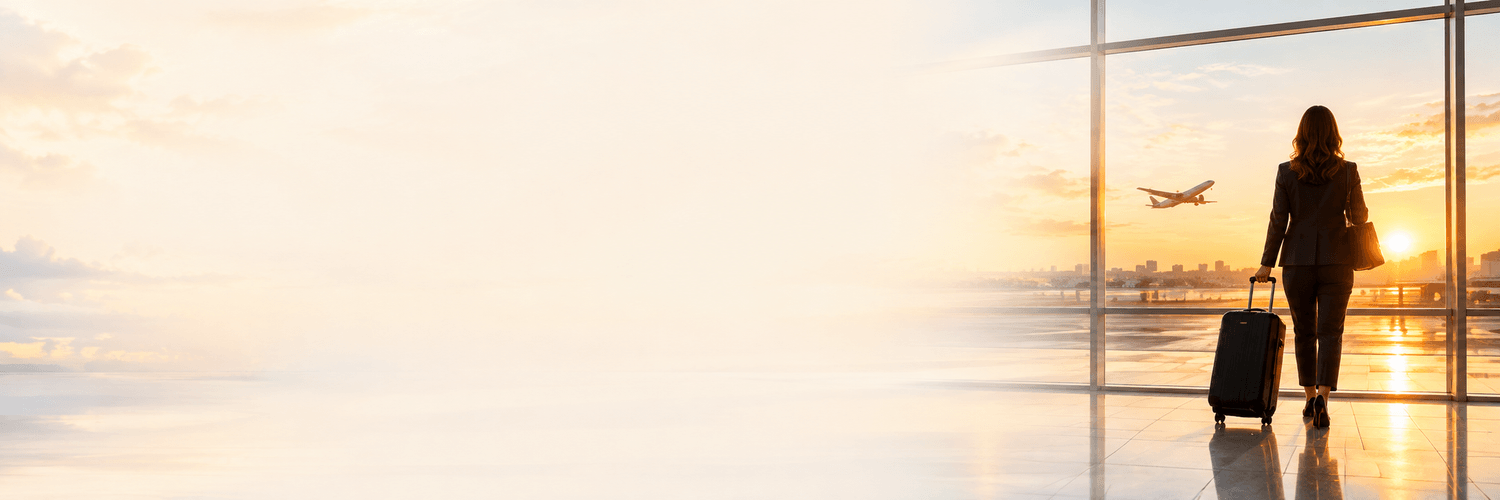A woman with a suitcase looking toward the runway at sunrise