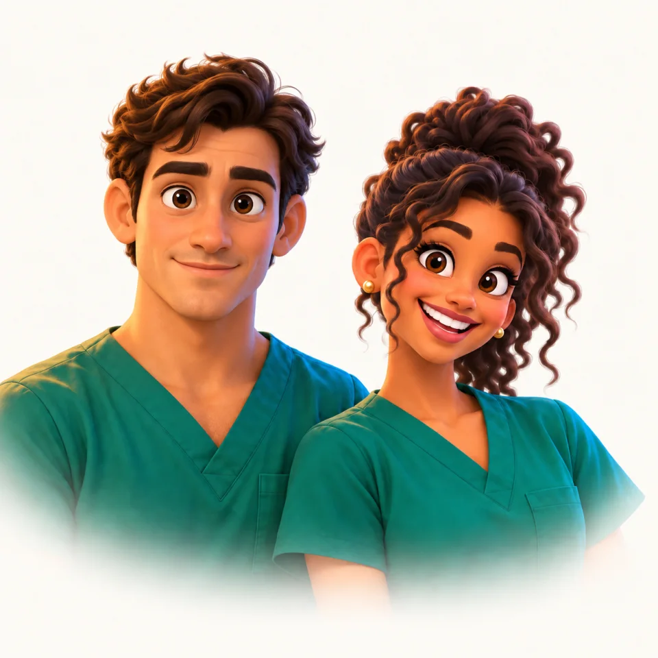 Deux jeunes kinés en scrubs émeraude, style film d'animation 3D, avatars Trimouv