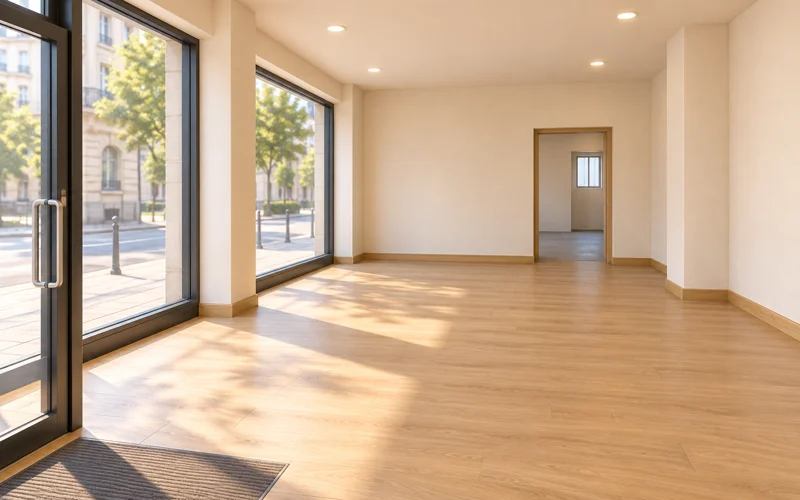 Intérieur vide d'un local à aménager : parquet clair, murs blancs et grandes baies sur la rue (illustration)