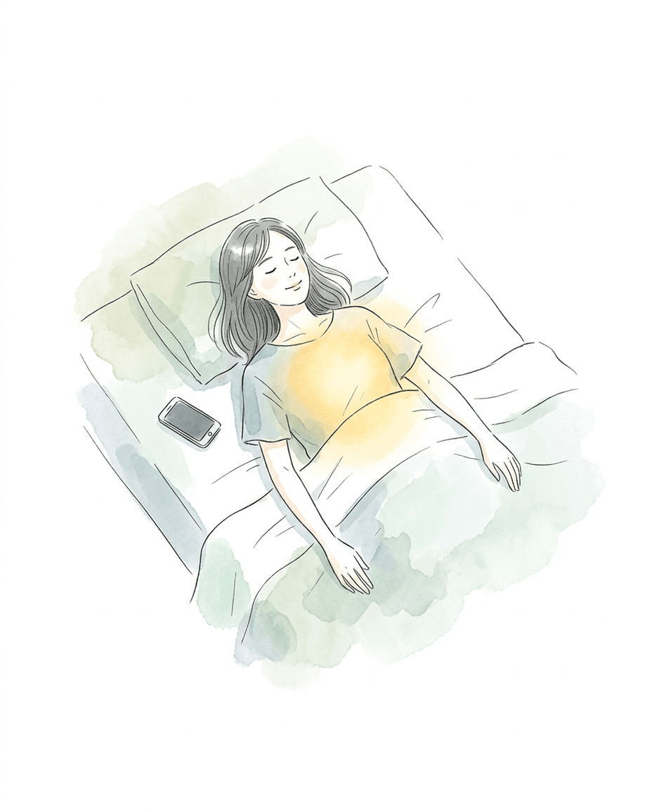 Aquarell-Illustration: Frau liegt entspannt im Bett, warmer Schein auf der Brust