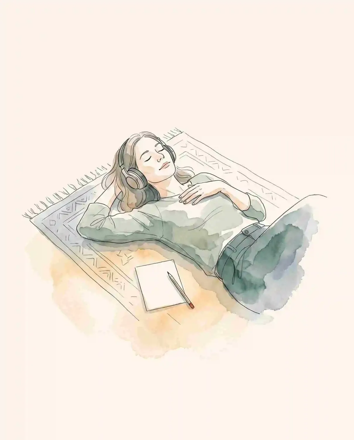 Illustration: Frau liegt entspannt mit Kopfhoerern auf dem Teppich, daneben Zettel und Stift