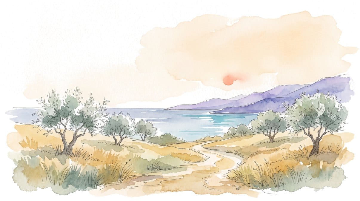 Aquarell eines Weges durch eine offene Landschaft