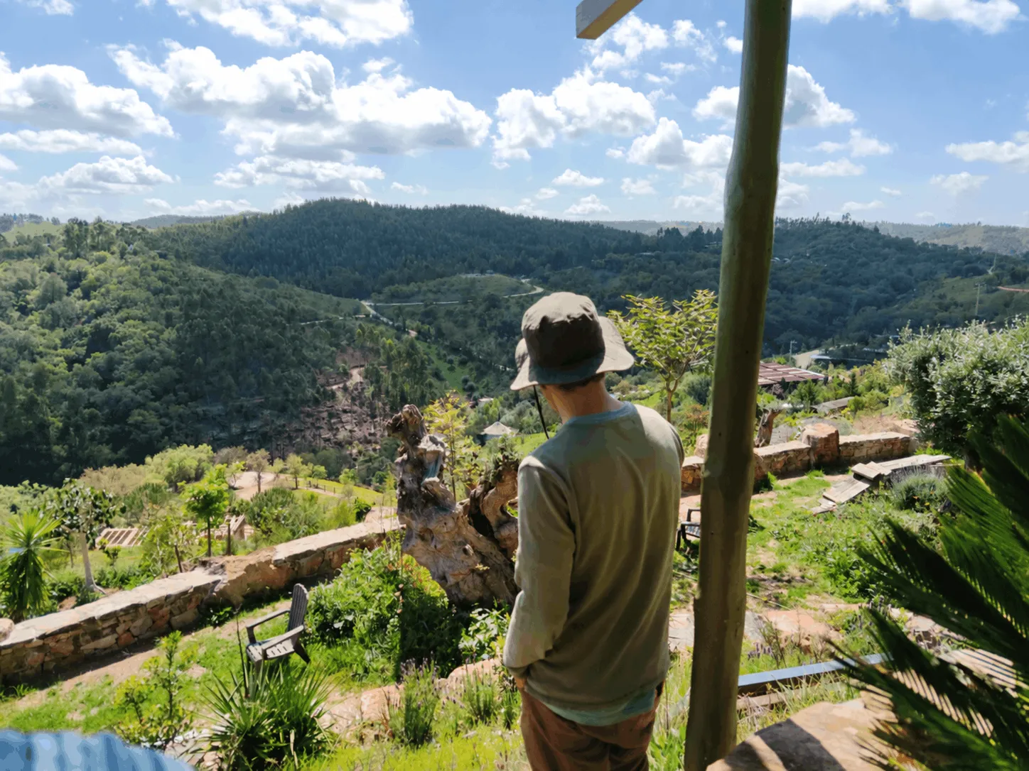 Daniel von hinten mit Blick über ein grünes Tal in Portugal
