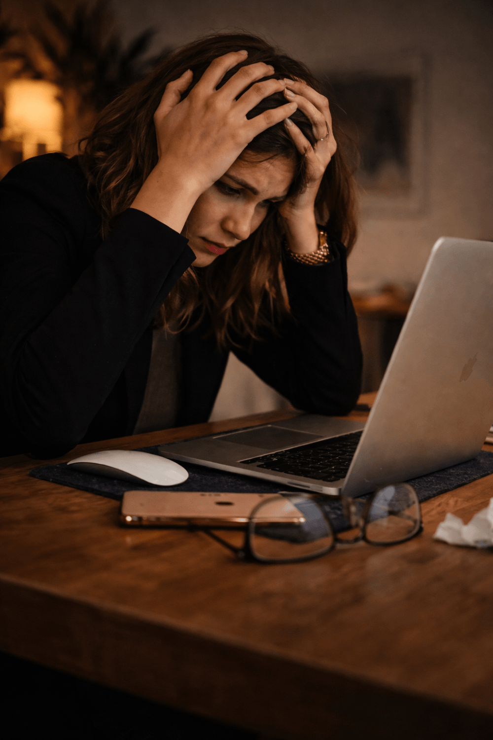 A woman overwhelmed at her desk, stuck in survival mode, representing internal conflict and burnout.