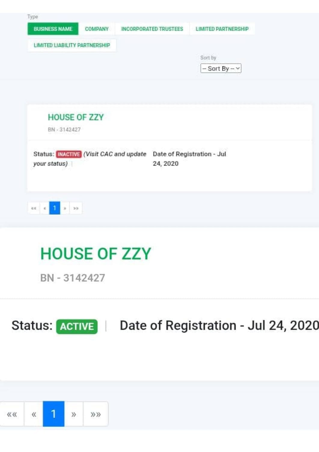 Activation of inactive business name