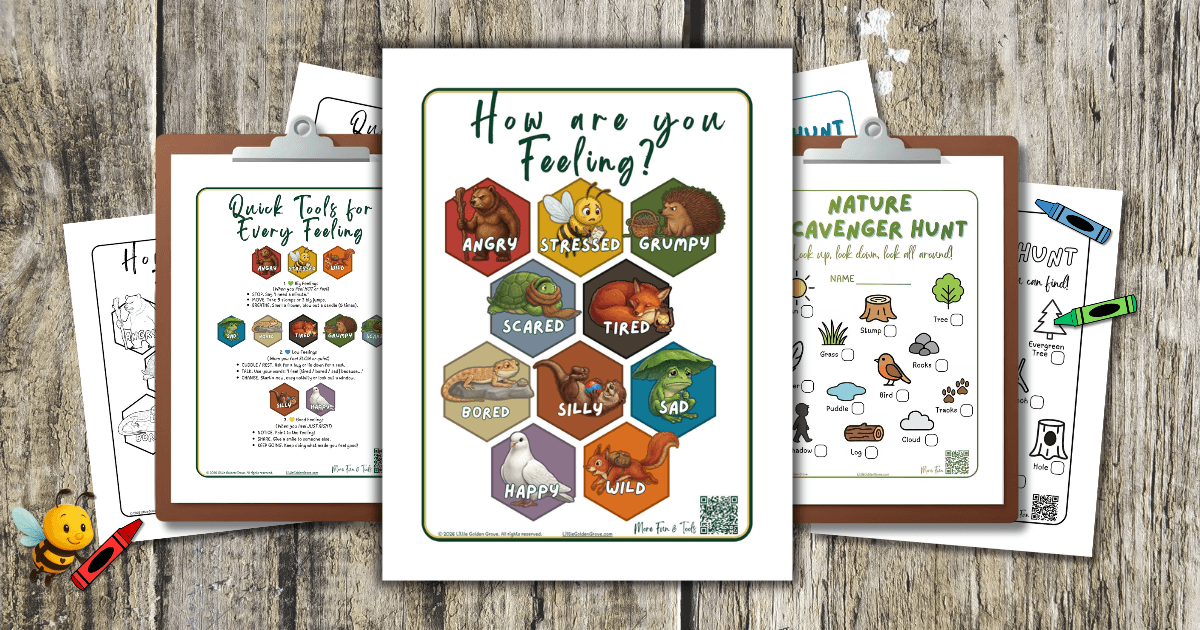 A professional mockup of the Little Golden Grove Emotional Regulation Bundle for kids, featuring a watercolor emotions chart, 'Quick Tools' reference sheets on clipboards, and a nature scavenger hunt, all set on a rustic wooden background with a small bumblebee illustration.