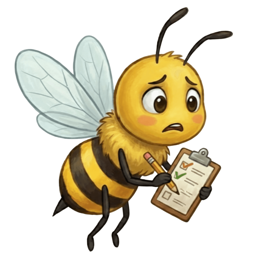 Cartoon bee holding a clipboard, representing stress and overwhelm, used for social-emotional learning activities with children.