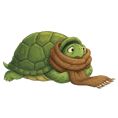 Cartoon turtle with a scarf, representing fear, anxiety, and embarrassment, used for social-emotional learning activities with children.