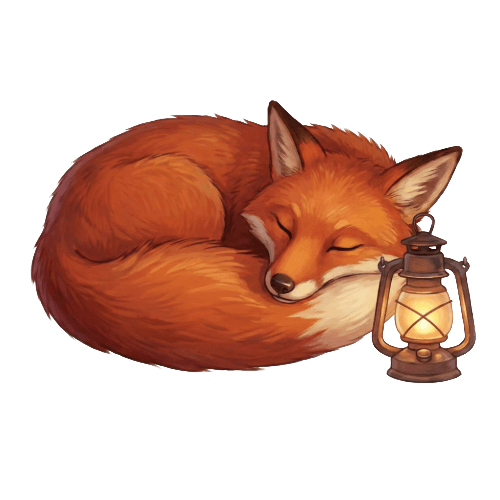 Cartoon fox, curled up sleeping with a lantern, representing being tired or over-tired, used for social-emotional learning activities with children.