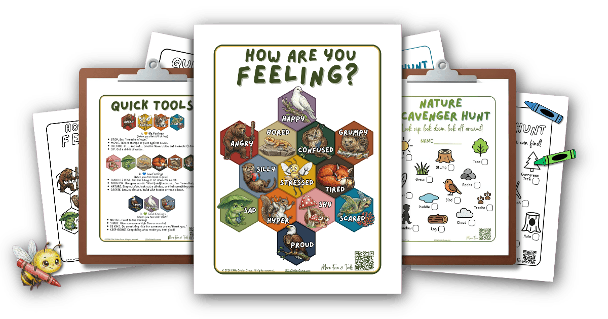 A bundle of nature-based social-emotional learning resources from Little Golden Grove, featuring the illustrated Emotions Forest Chart, a Quick Tools Guide for parents, and a nature scavenger hunt activity for kids