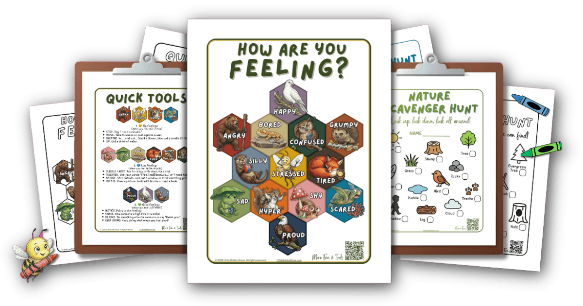 A bundle of nature-based social-emotional learning resources from Little Golden Grove, featuring the illustrated Emotions Forest Chart, a Quick Tools Guide for parents, and a nature scavenger hunt activity for kids