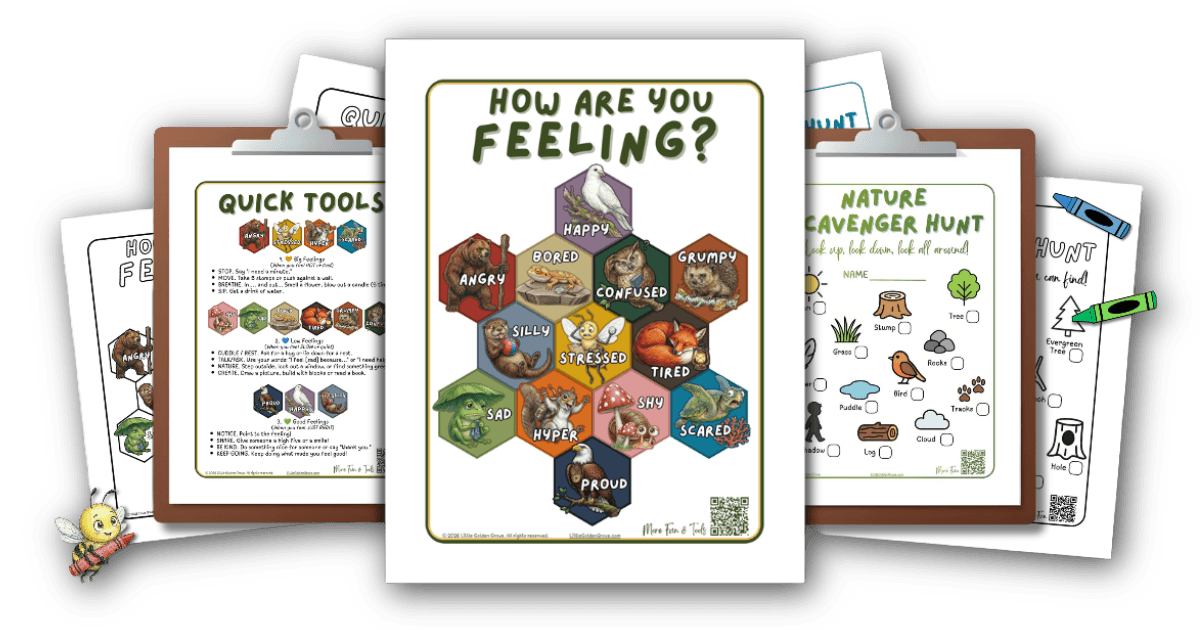 A bundle of nature-based social-emotional learning resources from Little Golden Grove, featuring the illustrated Emotions Forest Chart, a Quick Tools Guide for parents, and a nature scavenger hunt activity for kids