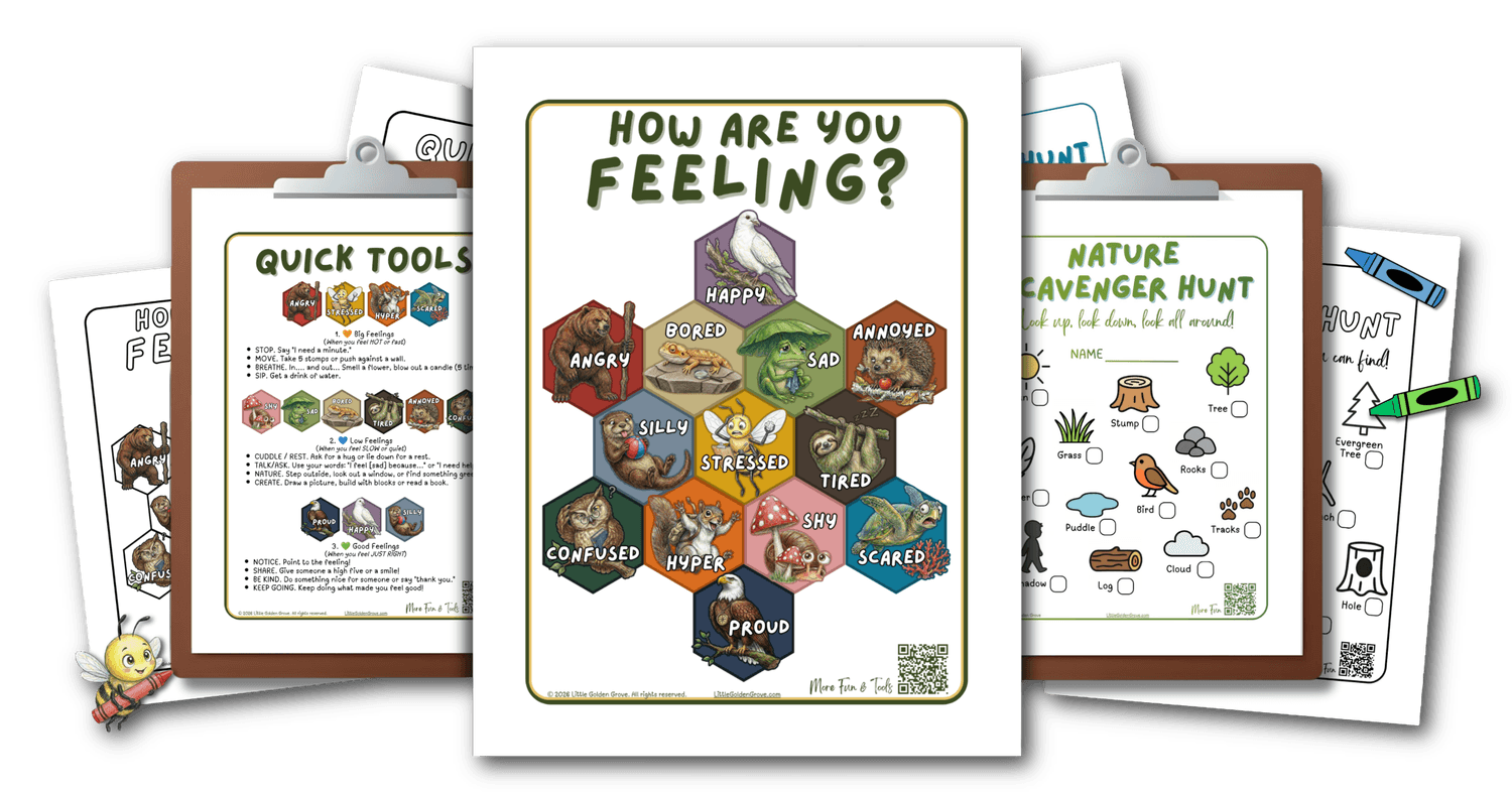 A bundle of nature-based social-emotional learning resources from Little Golden Grove, featuring the illustrated Emotions Forest Chart, a Quick Tools Guide for parents, and a nature scavenger hunt activity for kids