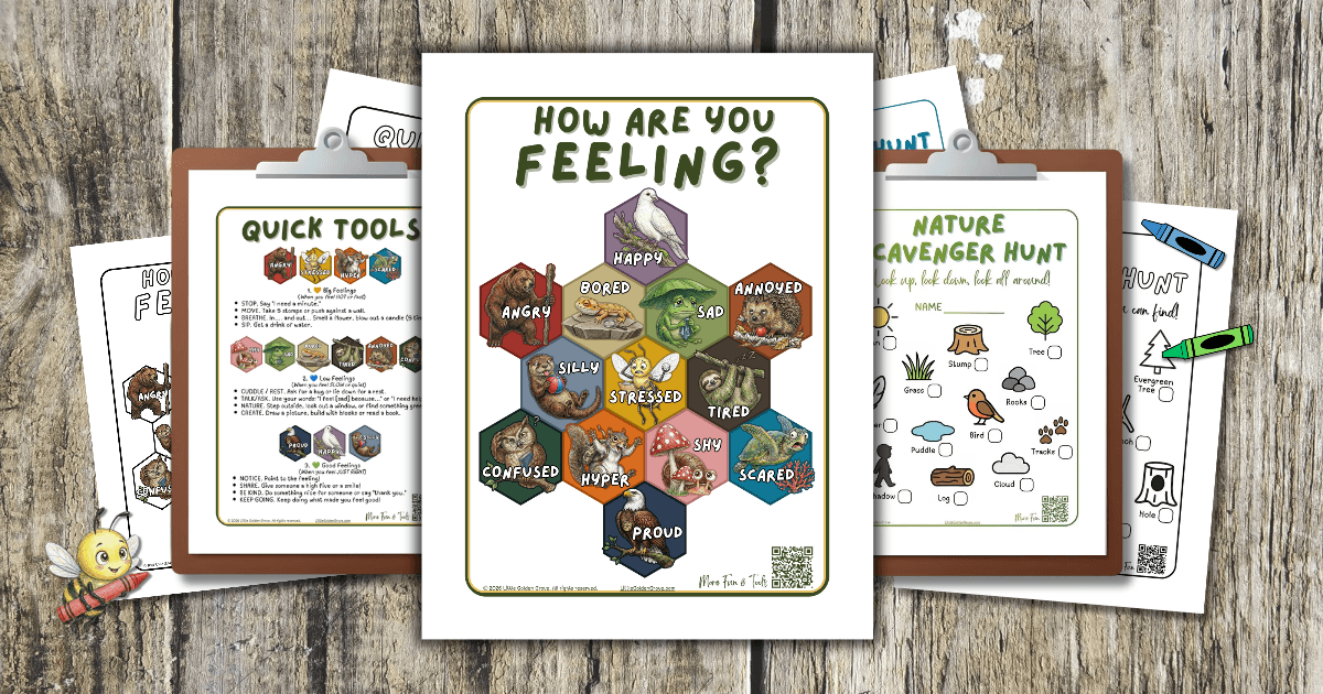 A professional mockup of the Little Golden Grove Emotional Regulation Bundle for kids, featuring a watercolor emotions chart, 'Quick Tools' reference sheets on clipboards, and a nature scavenger hunt, all set on a rustic wooden background with a small bumblebee illustration.