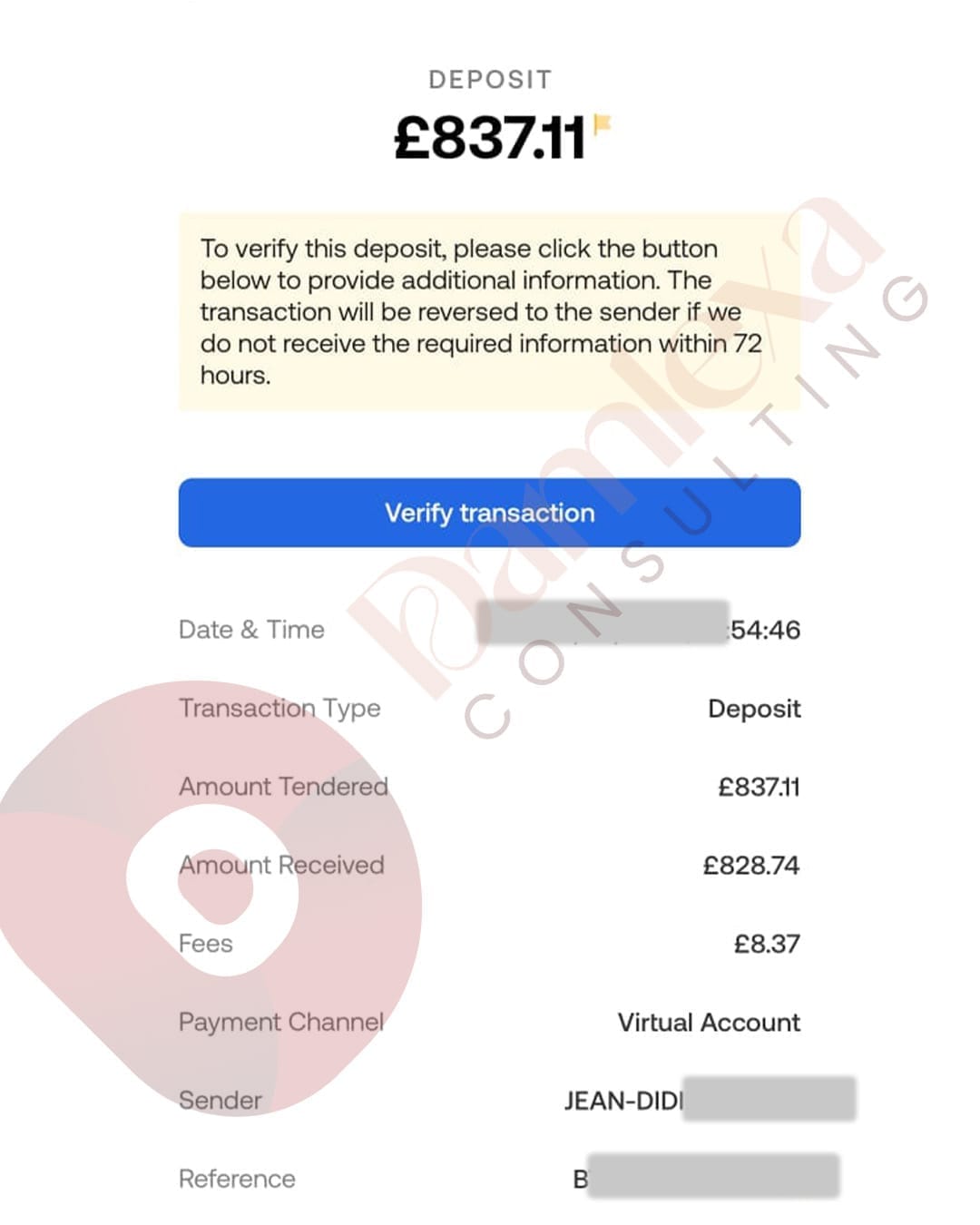 Proof of 837 GBP Inflow
