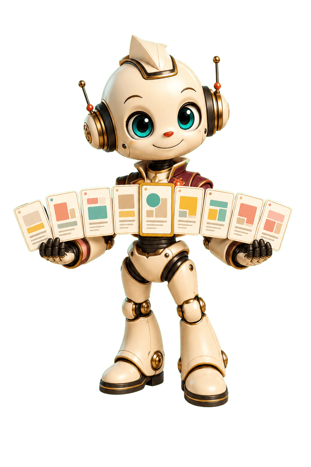 Fiction Pin Hook Generator robot presenting nine Pinterest hook cards