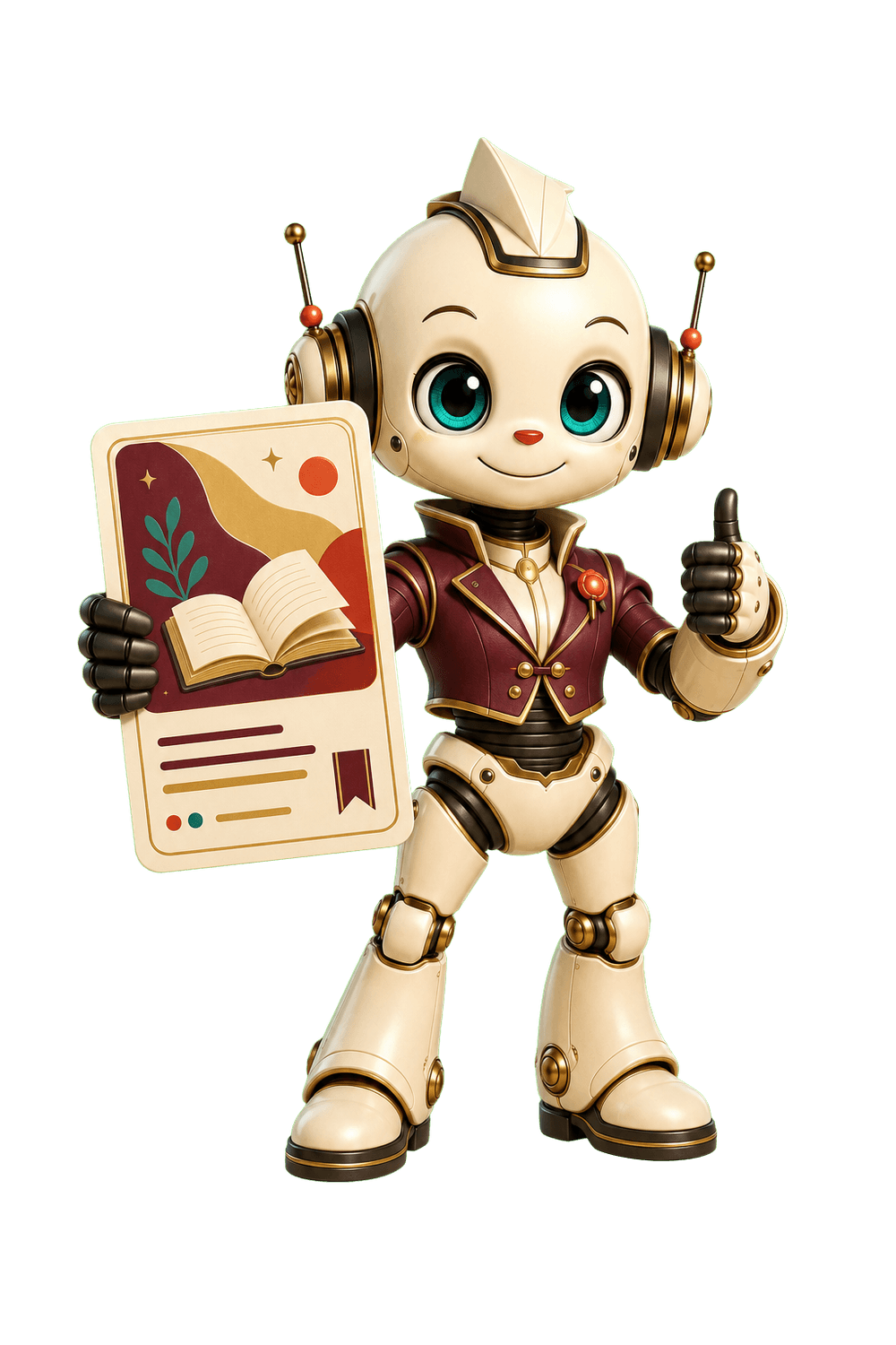 Fiction Pin Hook Generator robot holding a finished Pinterest-style result card