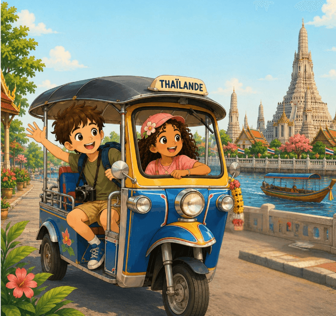 Hugo et Léa découvrent la Thaïlande devant Wat Arun
