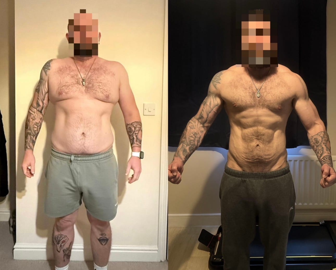 Jay's before and after progress photographs, with his face obscured