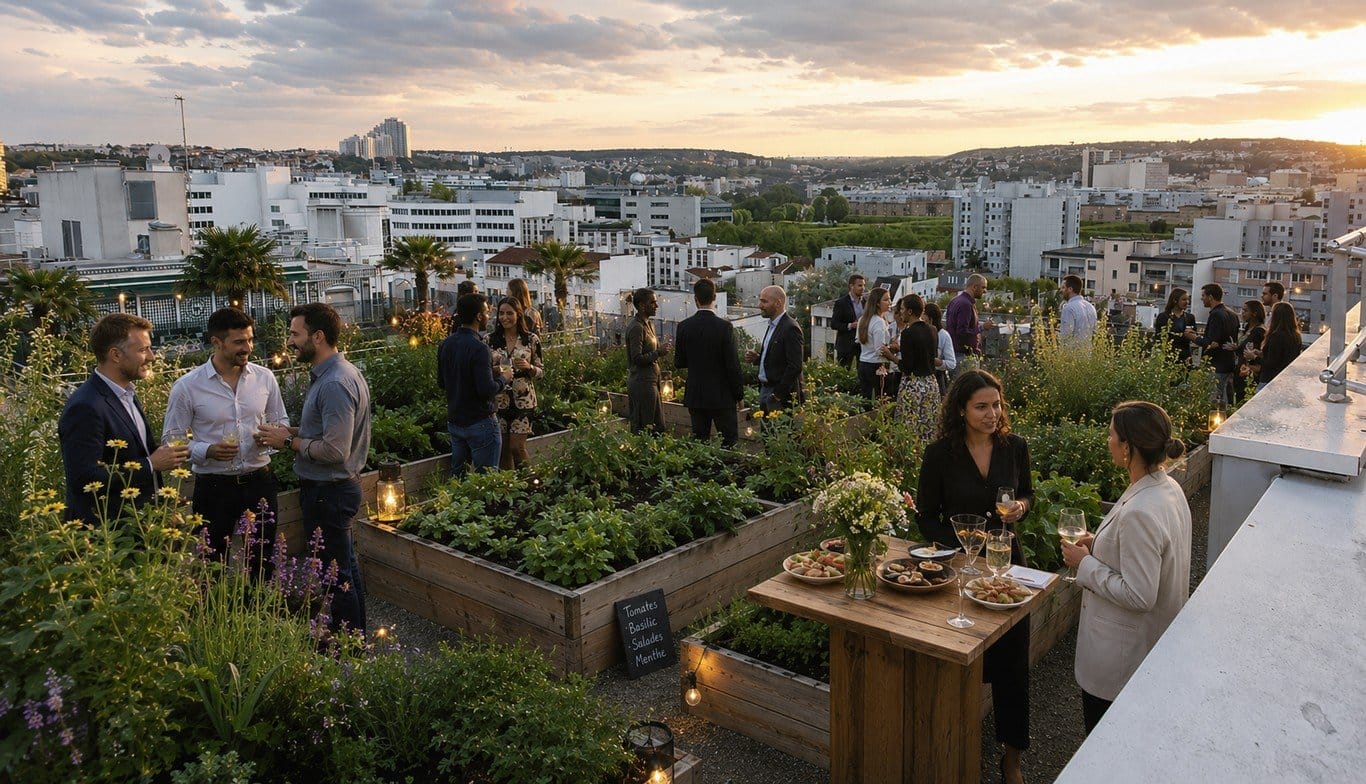 Un potager d'entreprise sur un toit en ville, avec les équipes réunies autour des bacs