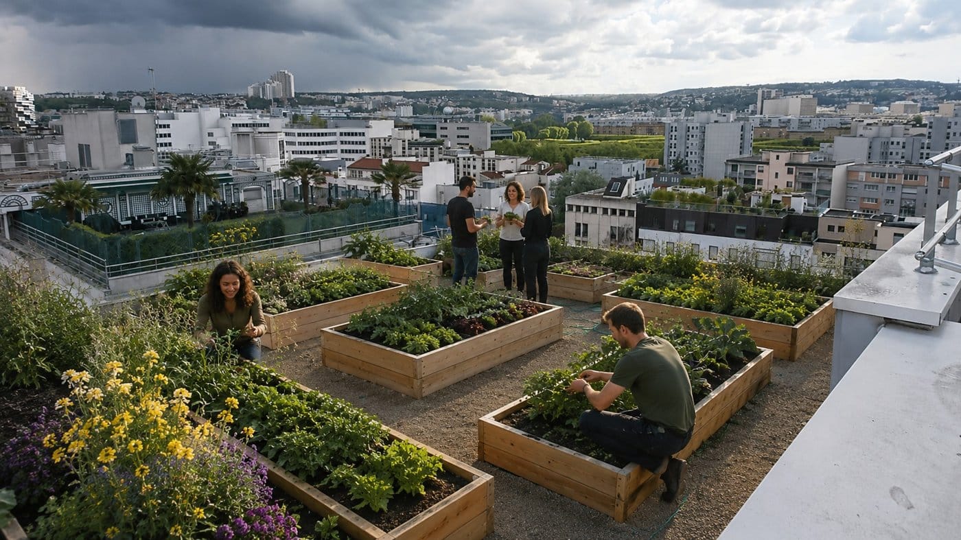 Des salariés jardinent ensemble dans les bacs d'un potager sur le toit de leur entreprise