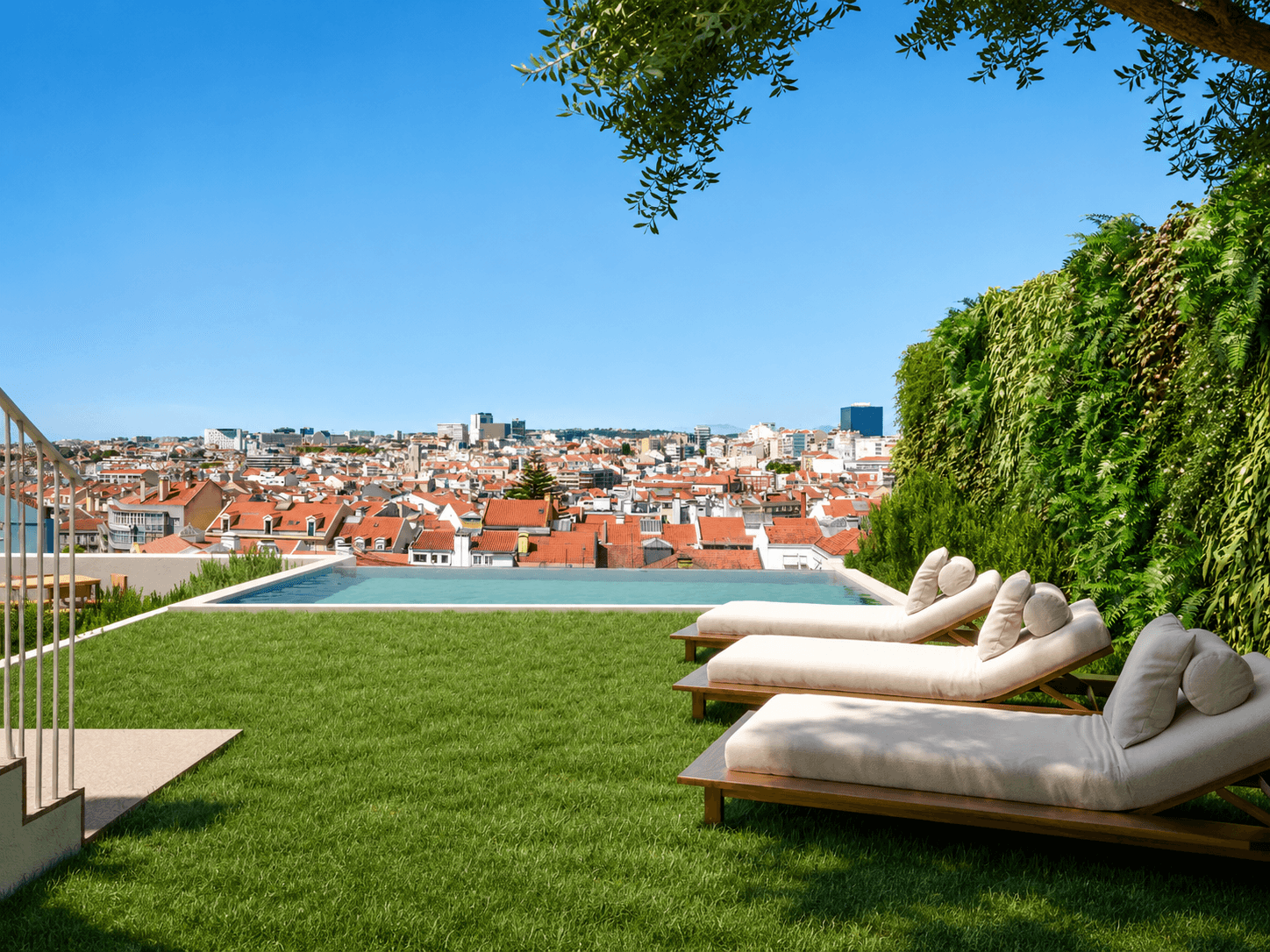 Piscina do Barão 65 com vista sobre o pôr do sol de Lisboa