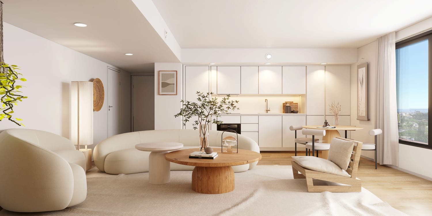 Sala de apartamento novo no Monteiro Plaza com vista sobre Lisboa
