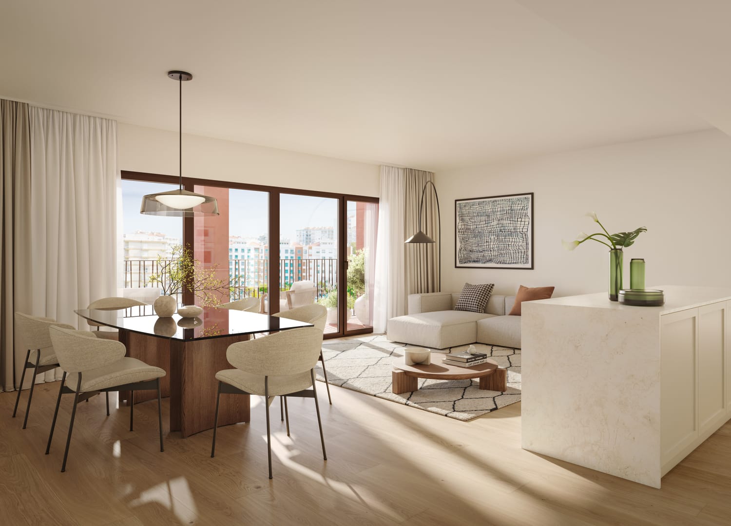 Sala e cozinha de apartamento novo no ALMAR Almada