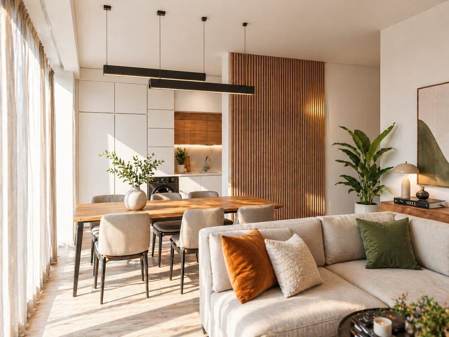 Sala e cozinha em open space do Laranjeyras Residence em Almada