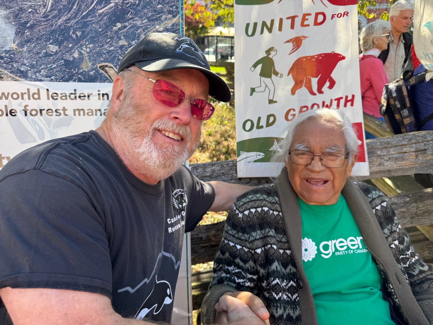 Eric Pittman with Chief George Quocksister Jr. during an environmental advocacy event for wild salmon and old-growth forest protection