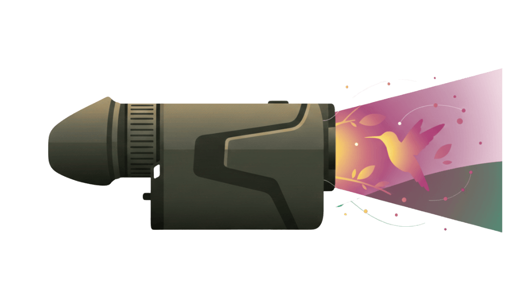 A clean vector illustration of a professional thermal imaging camera scanning a green landscape, revealing a glowing orange hummingbird silhouette in the heat signature
