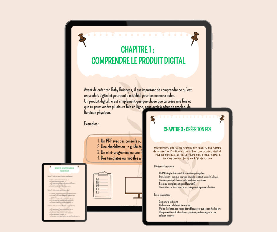 Mockup du PDF Baby Buisnesss – Comment créer et vendre facilement ton produit digital