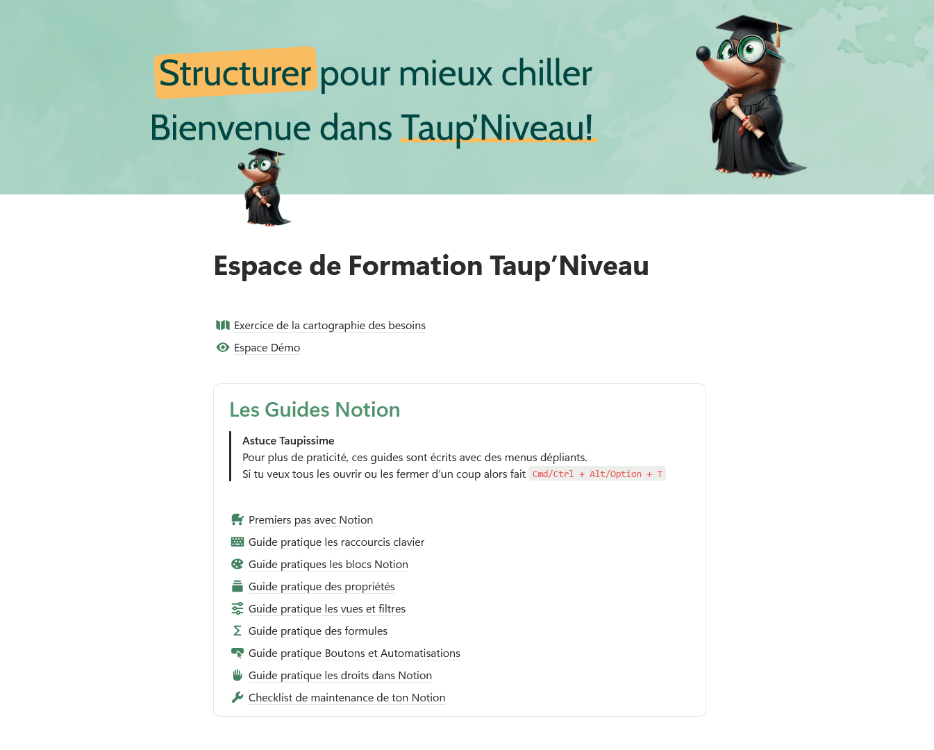 Espace Notion de formation avec guides pratiques, exercices et CRM fil rouge