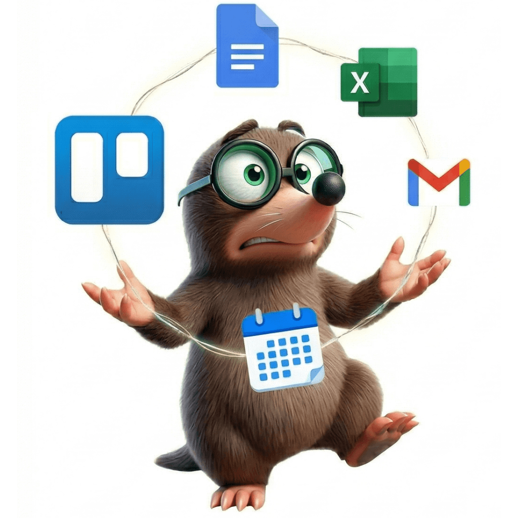 Mascotte taupe débordée jonglant avec Trello, Excel et Google Docs – organisation dispersée