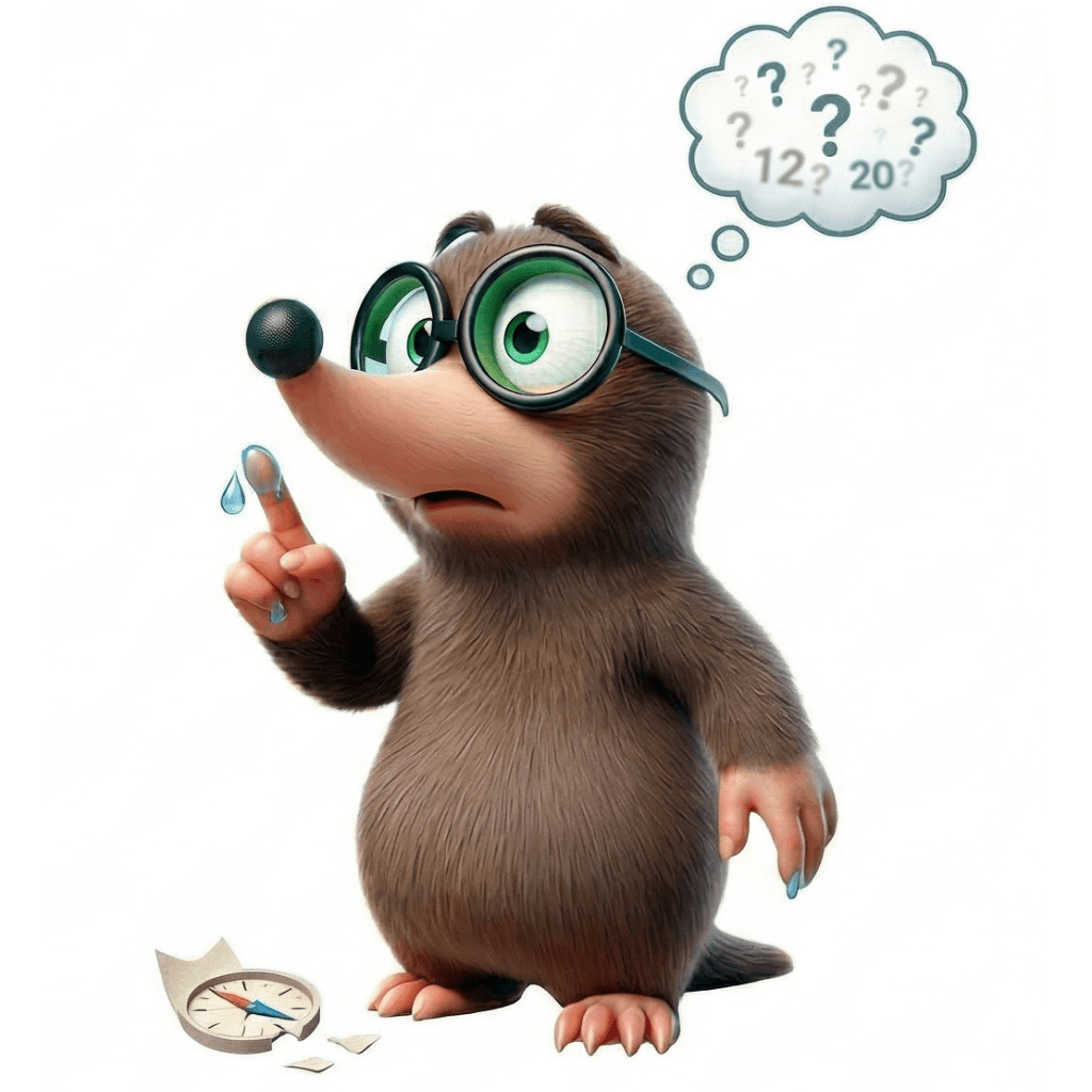 Mascotte taupe réfléchissant aux chiffres de son activité sans outil de pilotage