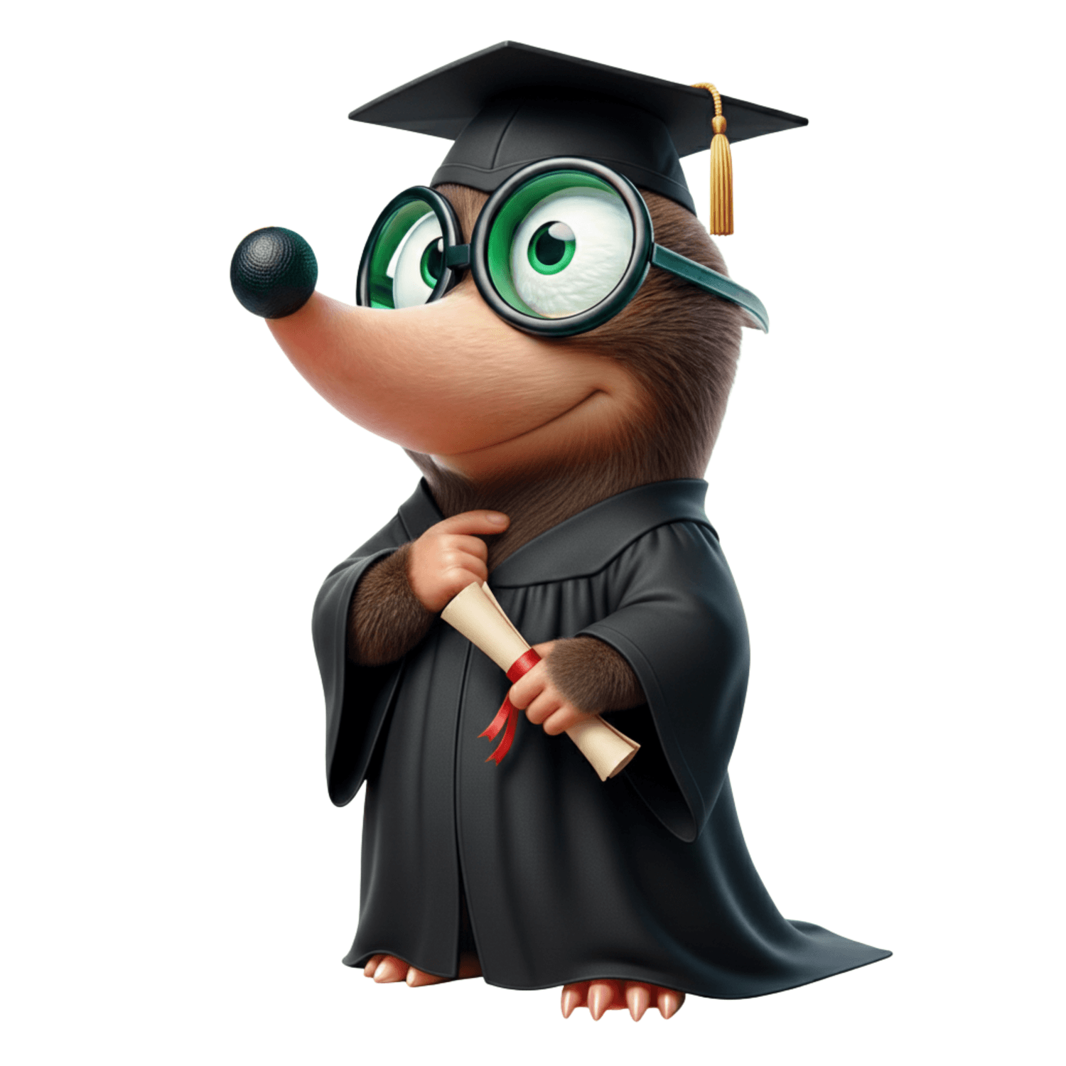Mascotte taupe en tenue de remise de diplôme