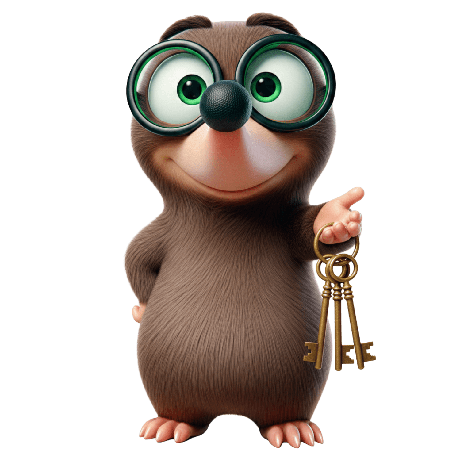 Mascotte taupe en train de tendre des clés au lecteur