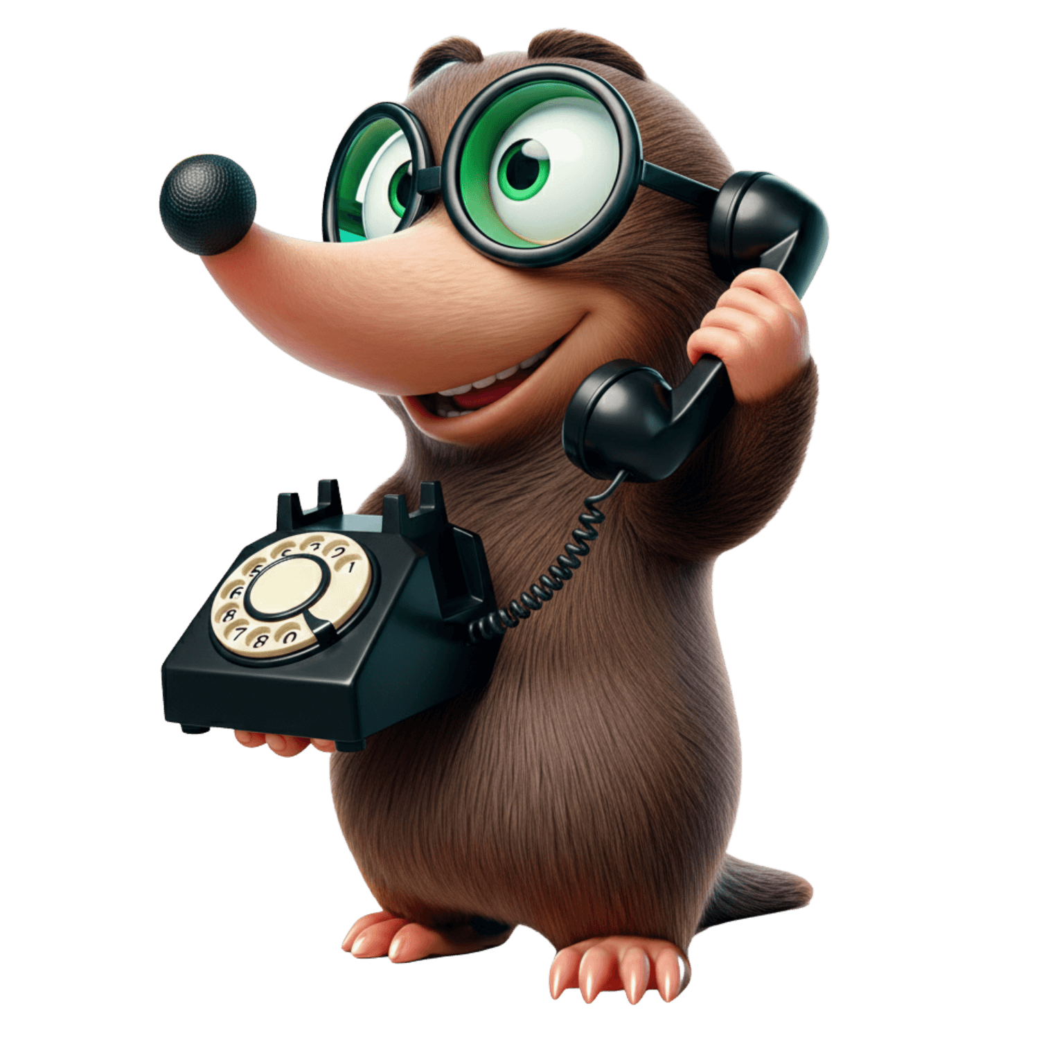 Mascotte taupe répondant au téléphone