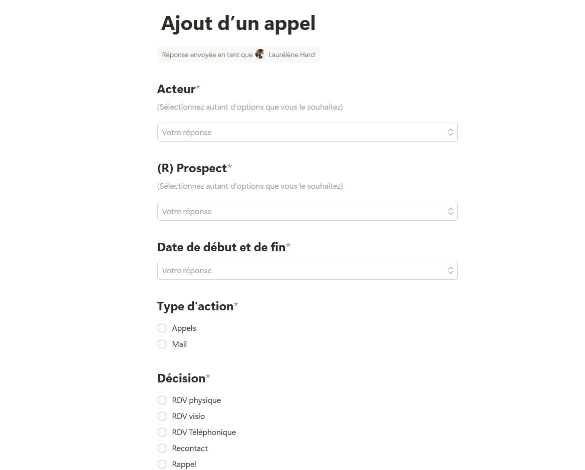 Formulaire Notion pour ajouter un appel