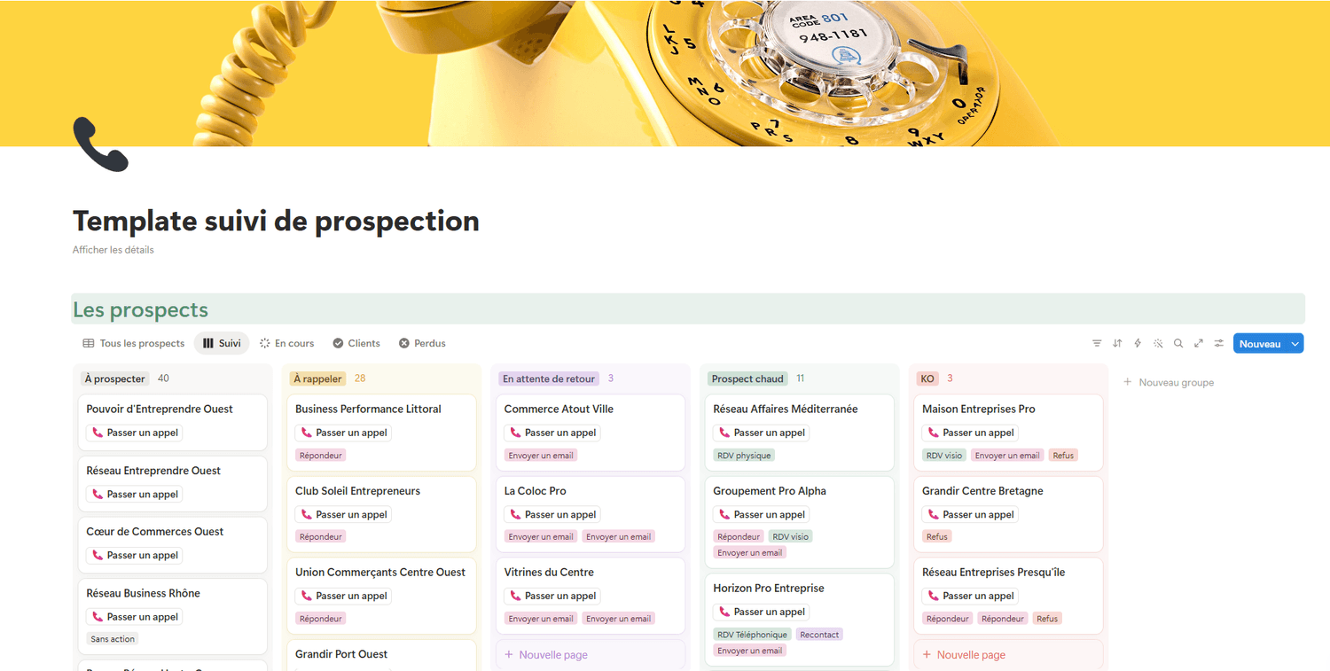 Vue Notion des prospects classés par statut