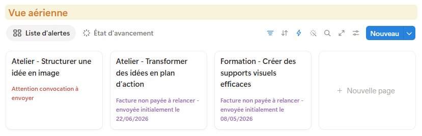Vue Notion regroupant les convocations à envoyer et les factures à relancer