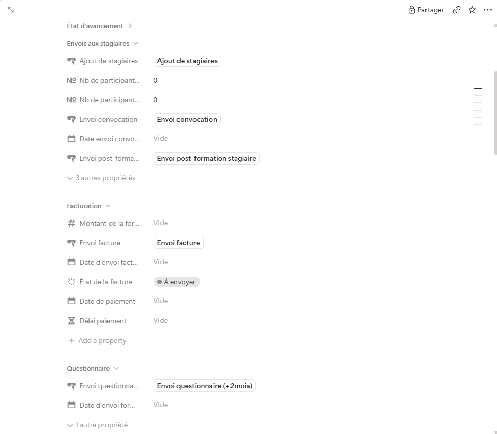 Boutons Notion permettant d’envoyer les convocations, factures et questionnaires
