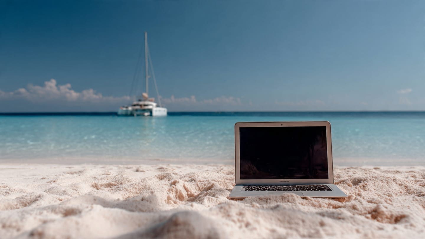 Ordinateur portable posé sur le sable face à la mer, avec un bateau au mouillage au large